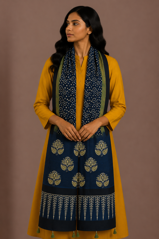Ajrakh Modal Silk Natural Dye Hand Block Print Stole With Tassels - 2 Mtr Length    -  SKU : AI26901O