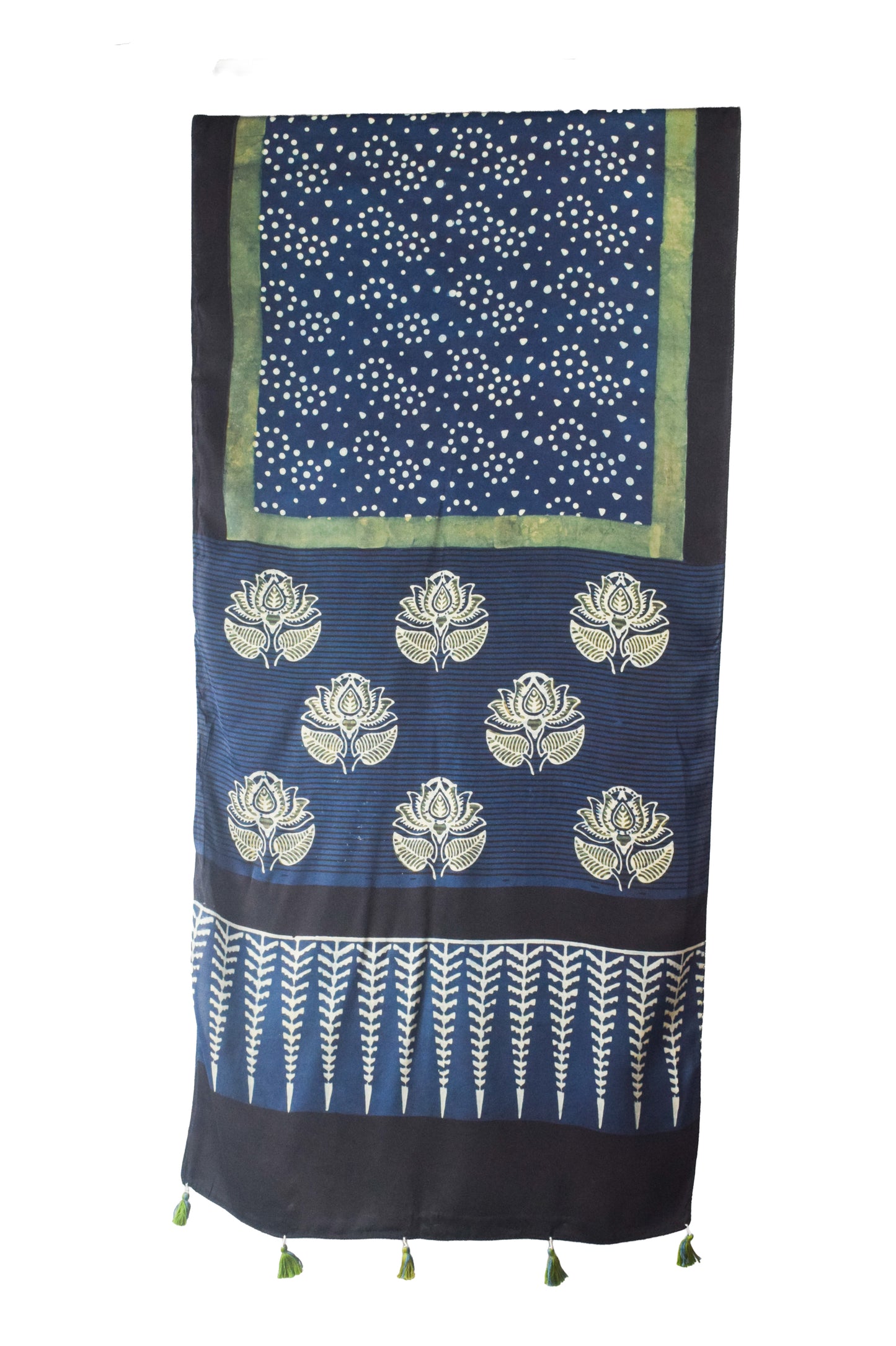 Ajrakh Modal Silk Natural Dye Hand Block Print Stole With Tassels - 2 Mtr Length    -  SKU : AI26901O