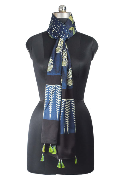 Ajrakh Modal Silk Natural Dye Hand Block Print Stole With Tassels - 2 Mtr Length    -  SKU : AI26901O