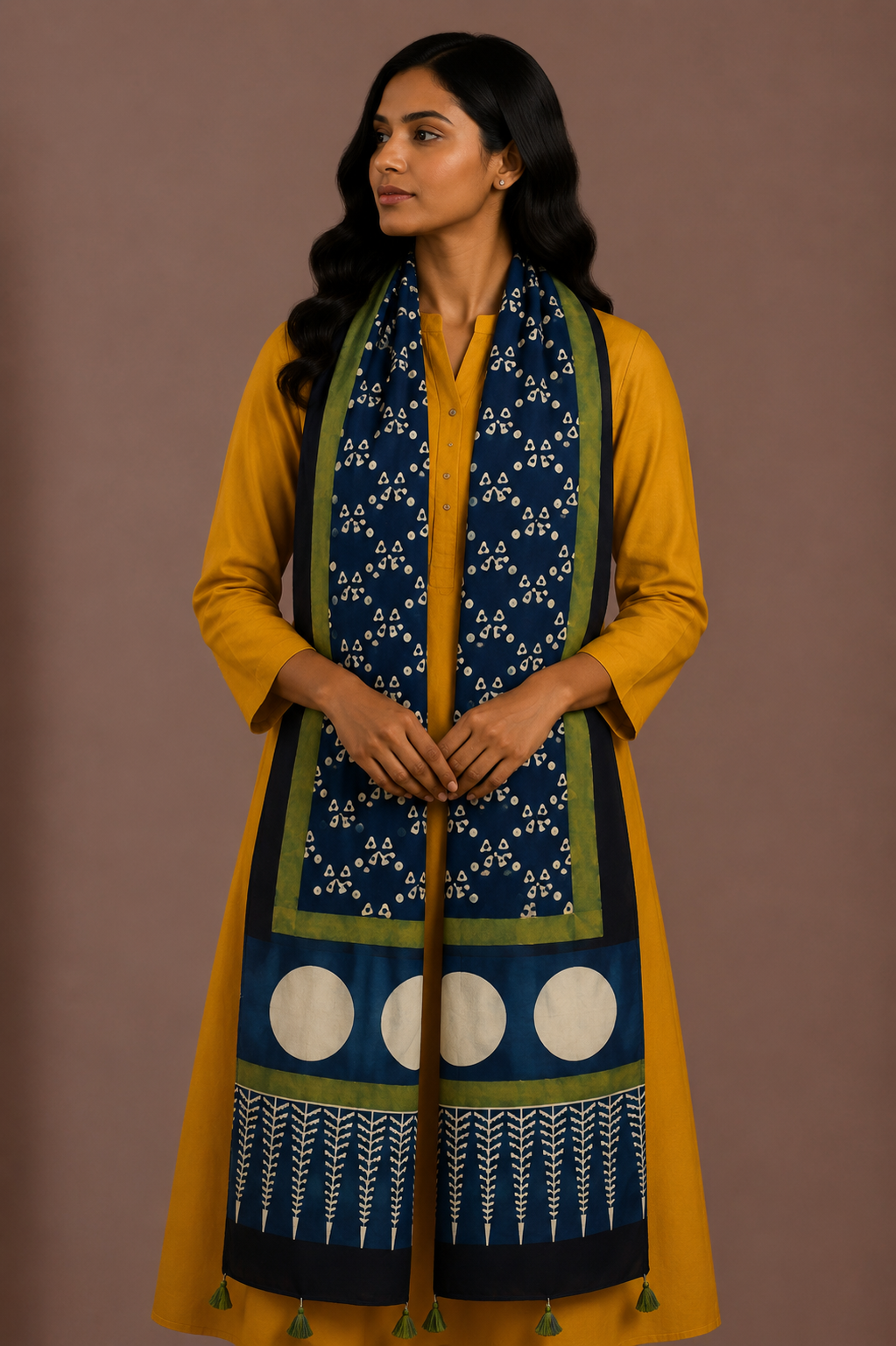 Ajrakh Modal Silk Natural Dye Hand Block Print Stole With Tassels - 2 Mtr Length    -  SKU : AI26901P