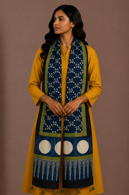 Ajrakh Modal Silk Natural Dye Hand Block Print Stole With Tassels - 2 Mtr Length    -  SKU : AI26901P