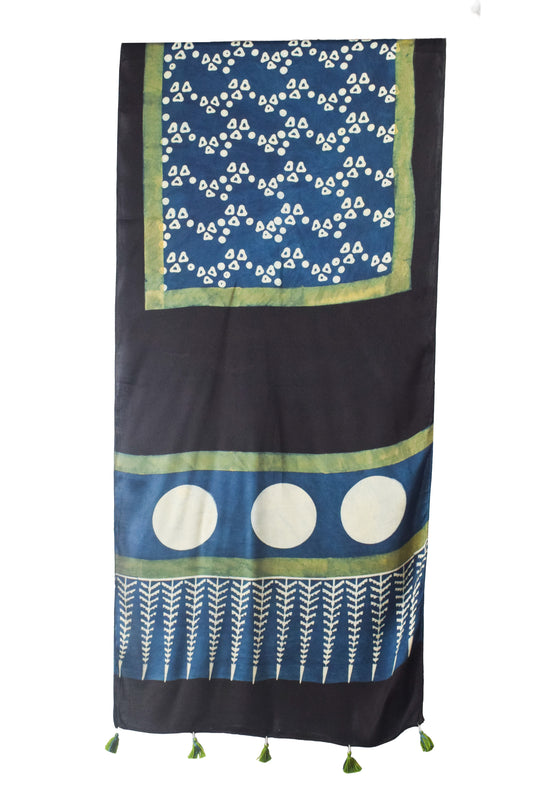 Ajrakh Modal Silk Natural Dye Hand Block Print Stole With Tassels - 2 Mtr Length    -  SKU : AI26901P
