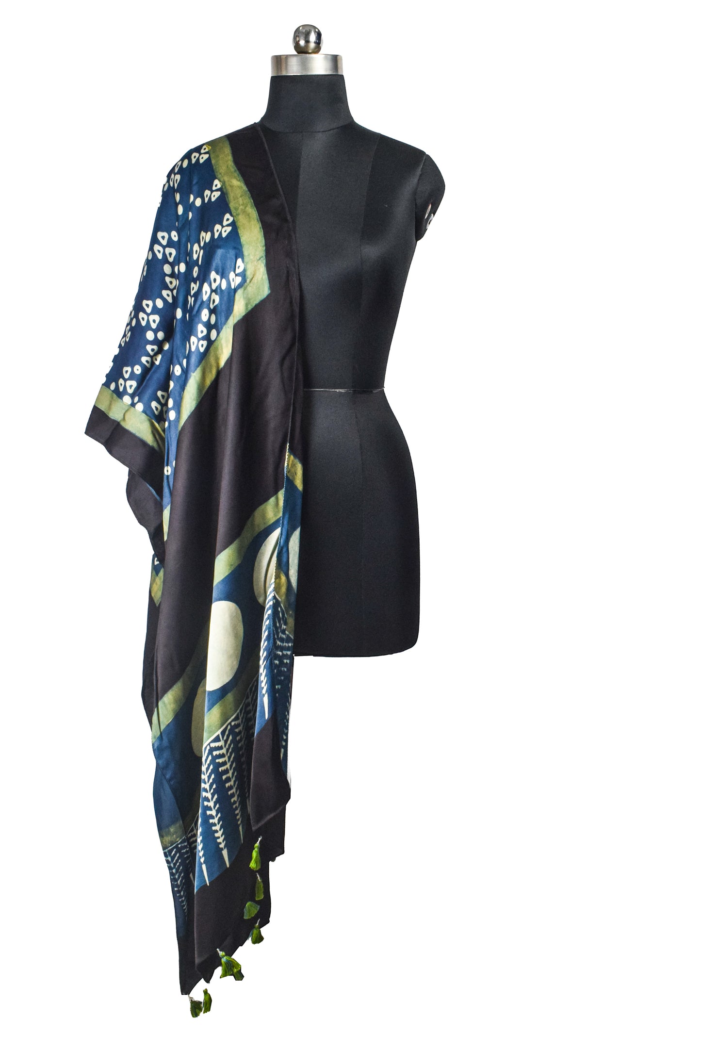 Ajrakh Modal Silk Natural Dye Hand Block Print Stole With Tassels - 2 Mtr Length    -  SKU : AI26901P