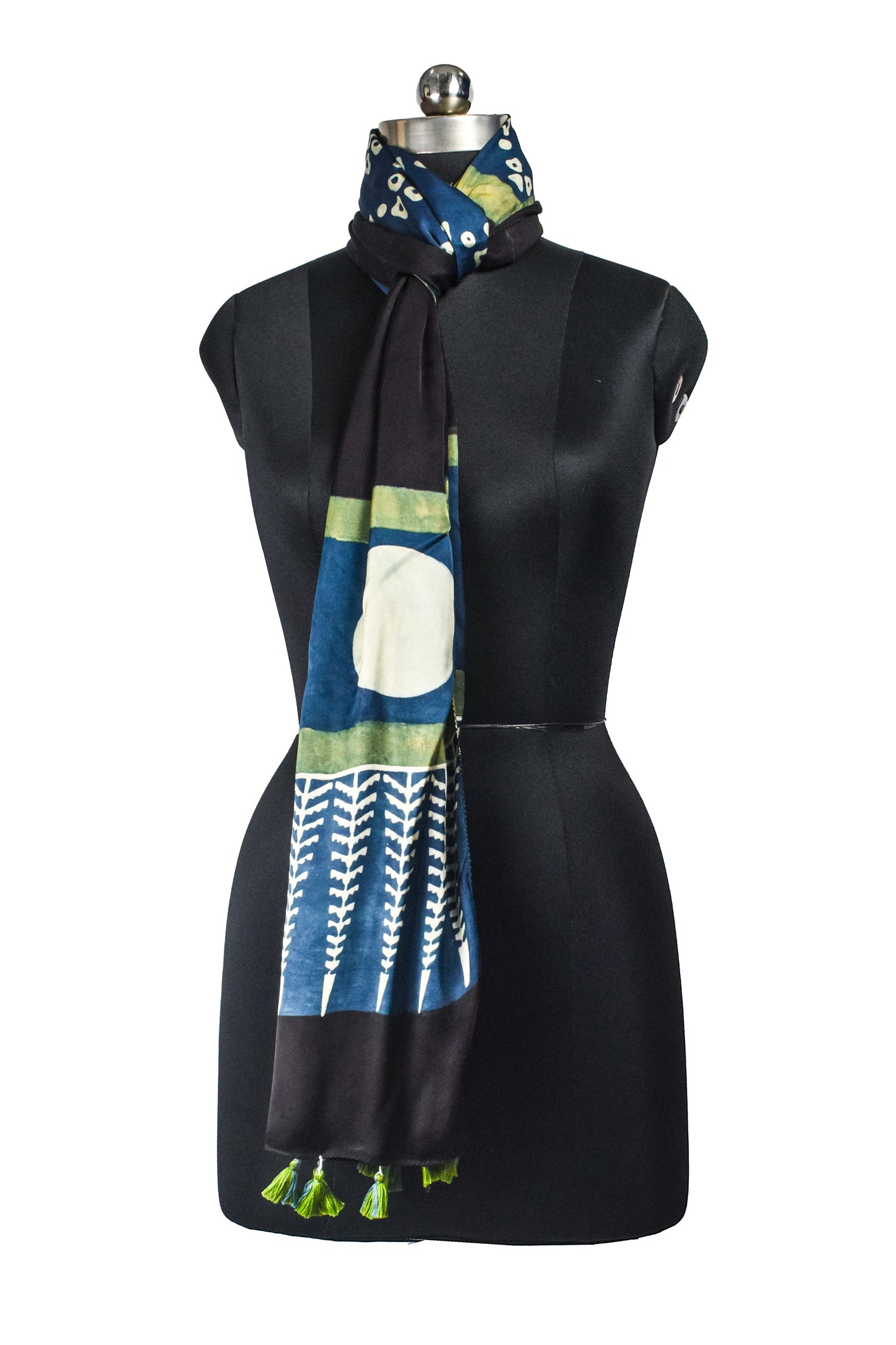 Ajrakh Modal Silk Natural Dye Hand Block Print Stole With Tassels - 2 Mtr Length    -  SKU : AI26901P