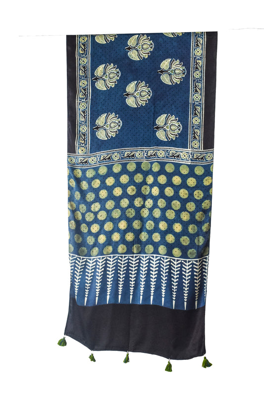 Ajrakh Modal Silk Natural Dye Hand Block Print Stole With Tassels - 2 Mtr Length    -  SKU : AI26901Q