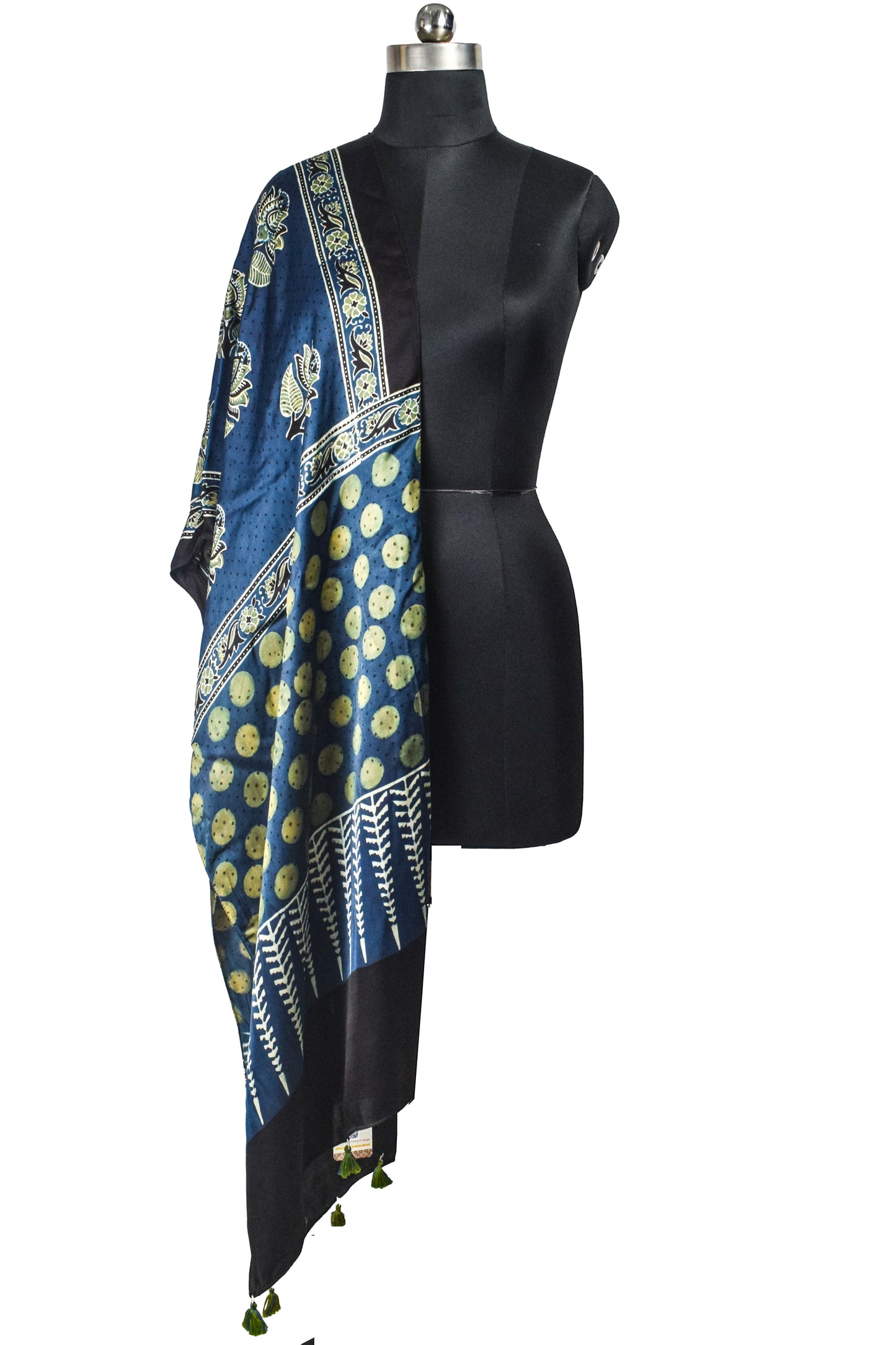 Ajrakh Modal Silk Natural Dye Hand Block Print Stole With Tassels - 2 Mtr Length    -  SKU : AI26901Q
