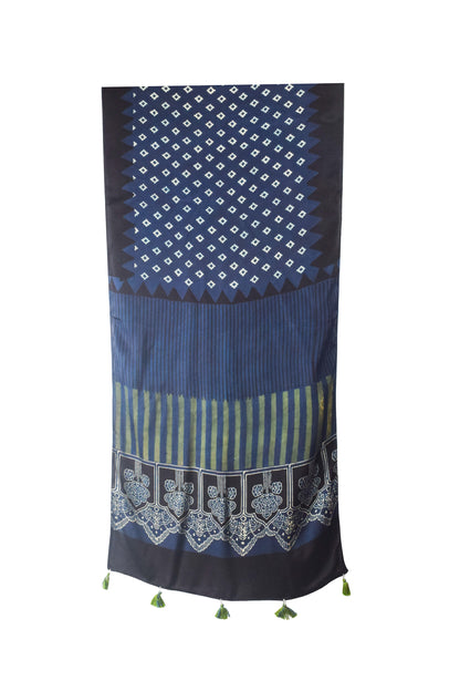 Ajrakh Modal Silk Natural Dye Hand Block Print Stole With Tassels - 2 Mtr Length    -  SKU : AI26901R