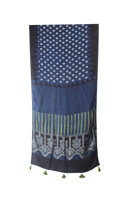 Ajrakh Modal Silk Natural Dye Hand Block Print Stole With Tassels - 2 Mtr Length    -  SKU : AI26901R