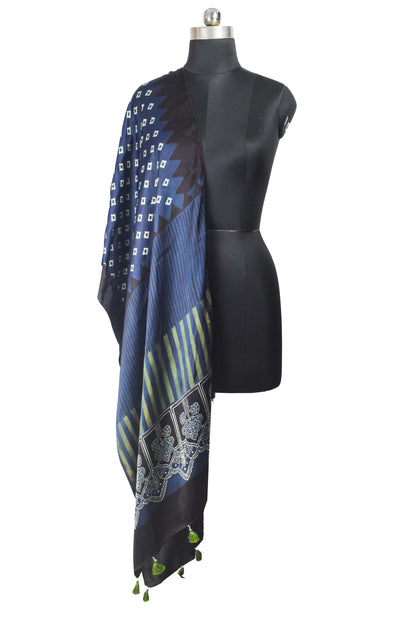 Ajrakh Modal Silk Natural Dye Hand Block Print Stole With Tassels - 2 Mtr Length    -  SKU : AI26901R