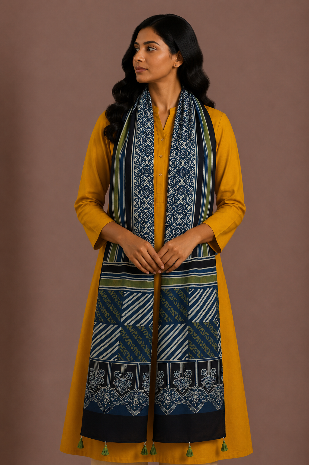 Ajrakh Modal Silk Natural Dye Hand Block Print Stole With Tassels - 2 Mtr Length    -  SKU : AI26901S