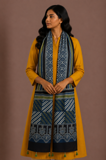 Ajrakh Modal Silk Natural Dye Hand Block Print Stole With Tassels - 2 Mtr Length    -  SKU : AI26901S
