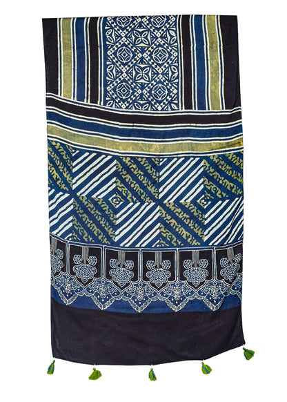 Ajrakh Modal Silk Natural Dye Hand Block Print Stole With Tassels - 2 Mtr Length    -  SKU : AI26901S