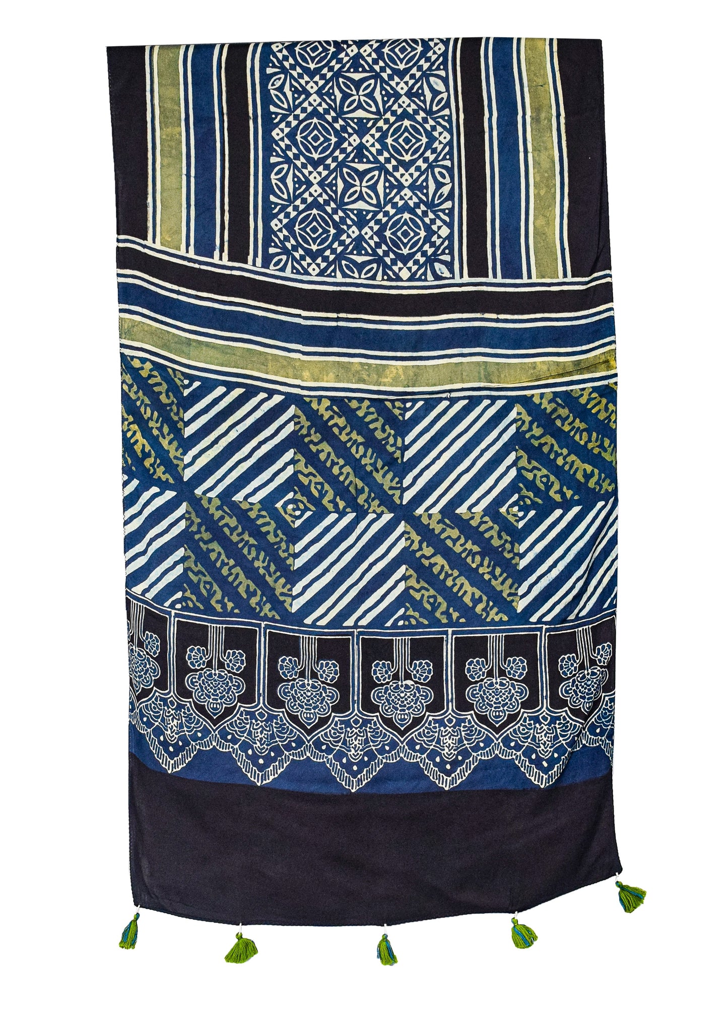 Ajrakh Modal Silk Natural Dye Hand Block Print Stole With Tassels - 2 Mtr Length    -  SKU : AI26901S