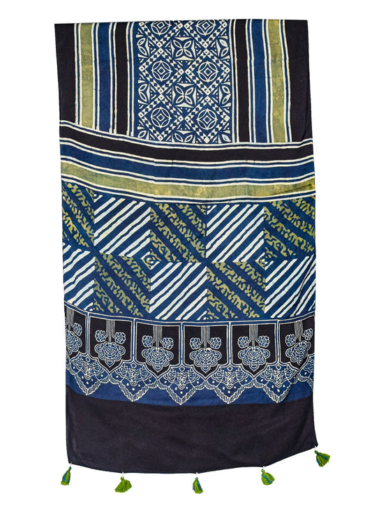 Ajrakh Modal Silk Natural Dye Hand Block Print Stole With Tassels - 2 Mtr Length    -  SKU : AI26901S