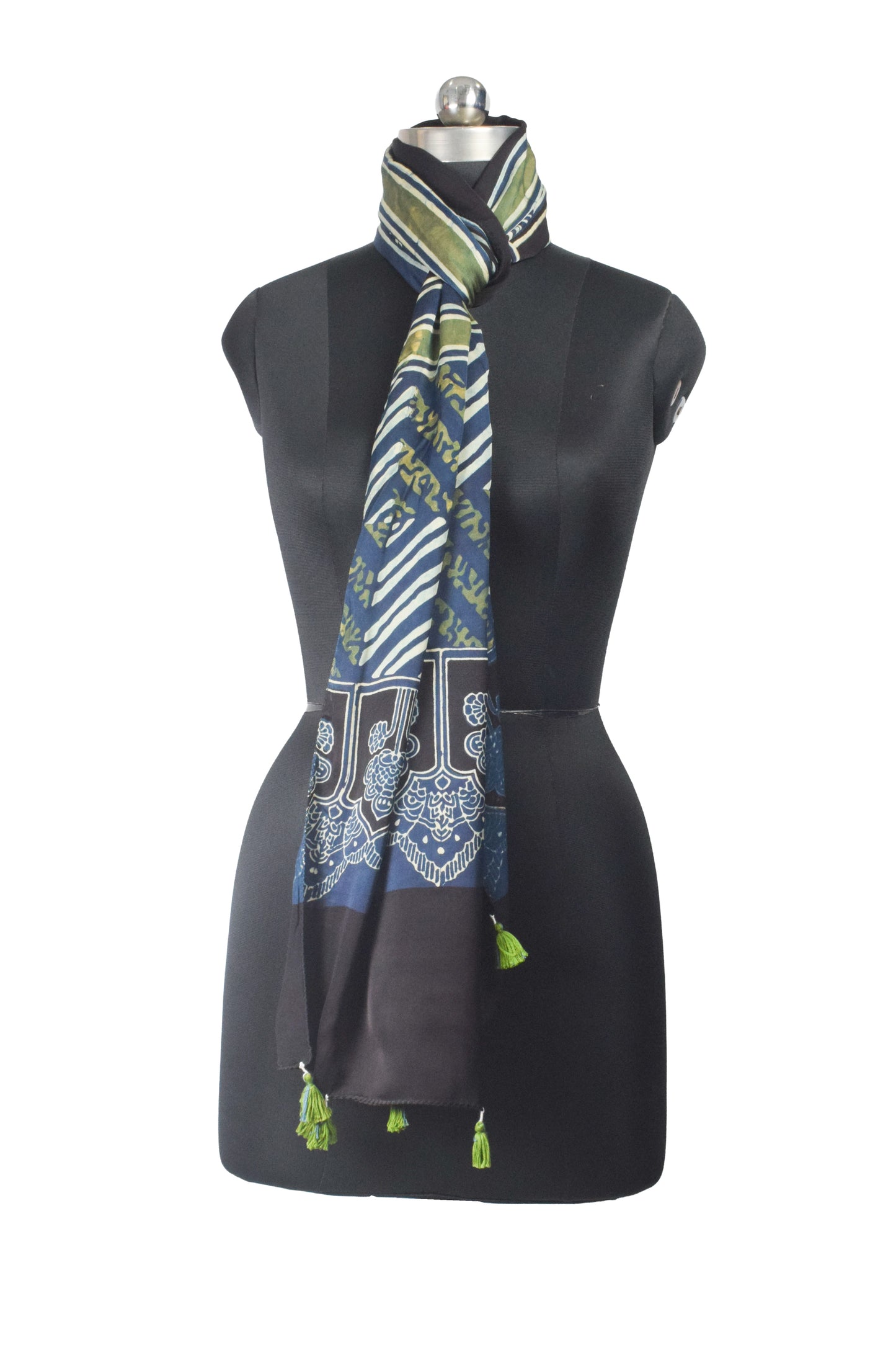 Ajrakh Modal Silk Natural Dye Hand Block Print Stole With Tassels - 2 Mtr Length    -  SKU : AI26901S