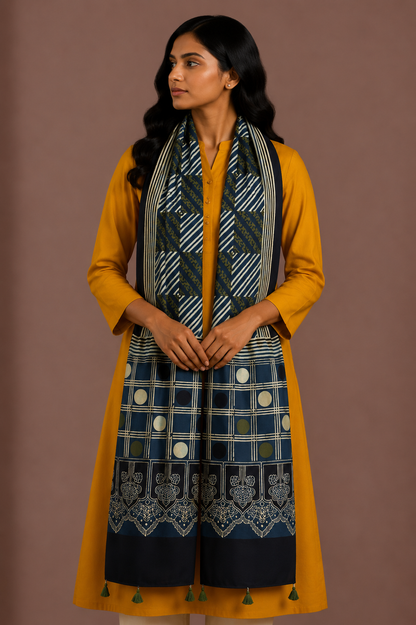Ajrakh Modal Silk Natural Dye Hand Block Print Stole With Tassels - 2 Mtr Length    -  SKU : AI26901T