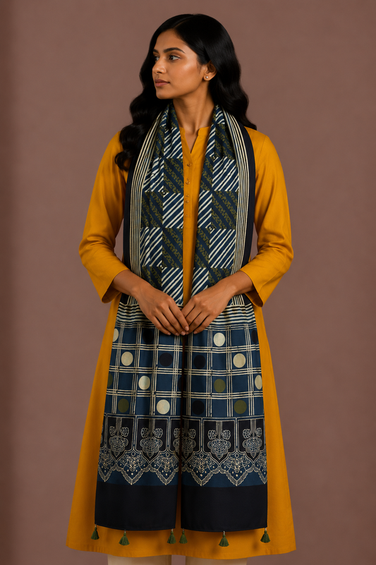 Ajrakh Modal Silk Natural Dye Hand Block Print Stole With Tassels - 2 Mtr Length    -  SKU : AI26901T