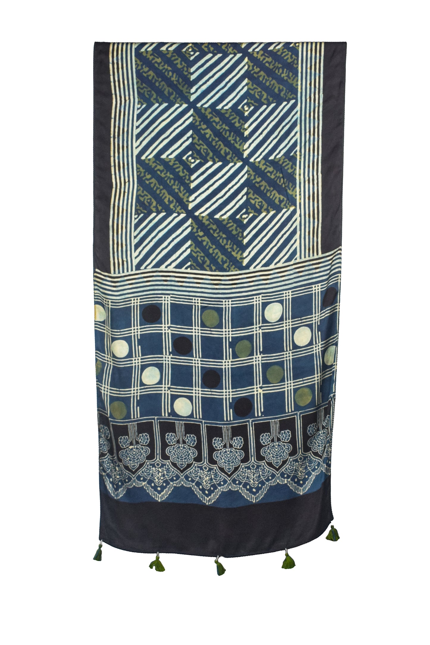 Ajrakh Modal Silk Natural Dye Hand Block Print Stole With Tassels - 2 Mtr Length    -  SKU : AI26901T