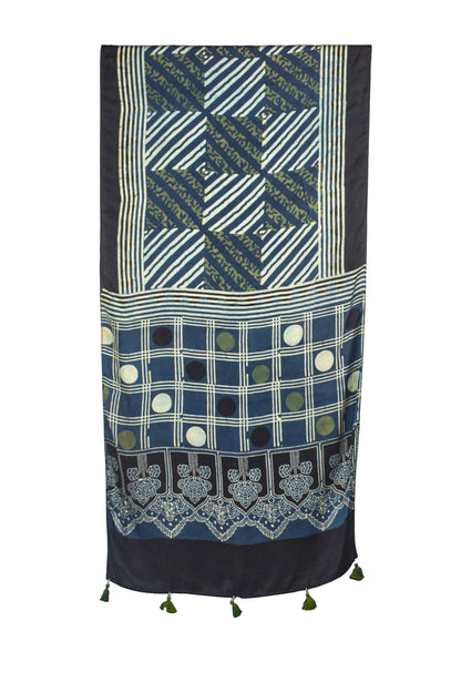 Ajrakh Modal Silk Natural Dye Hand Block Print Stole With Tassels - 2 Mtr Length    -  SKU : AI26901T