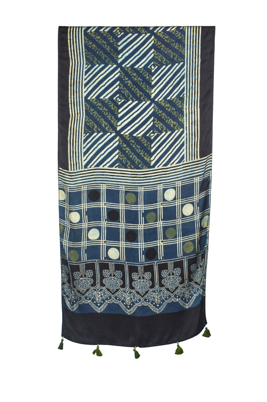 Ajrakh Modal Silk Natural Dye Hand Block Print Stole With Tassels - 2 Mtr Length    -  SKU : AI26901T