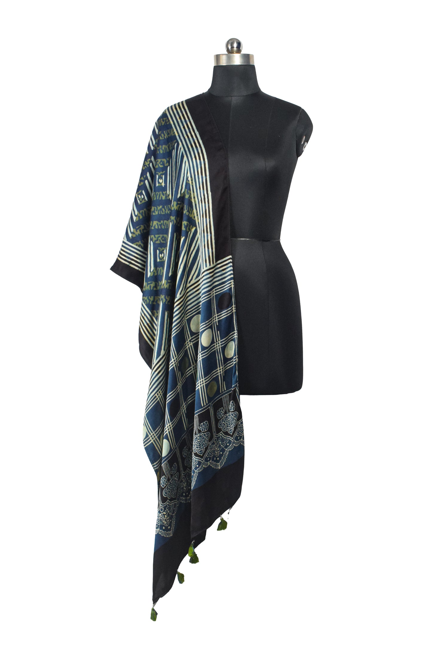 Ajrakh Modal Silk Natural Dye Hand Block Print Stole With Tassels - 2 Mtr Length    -  SKU : AI26901T
