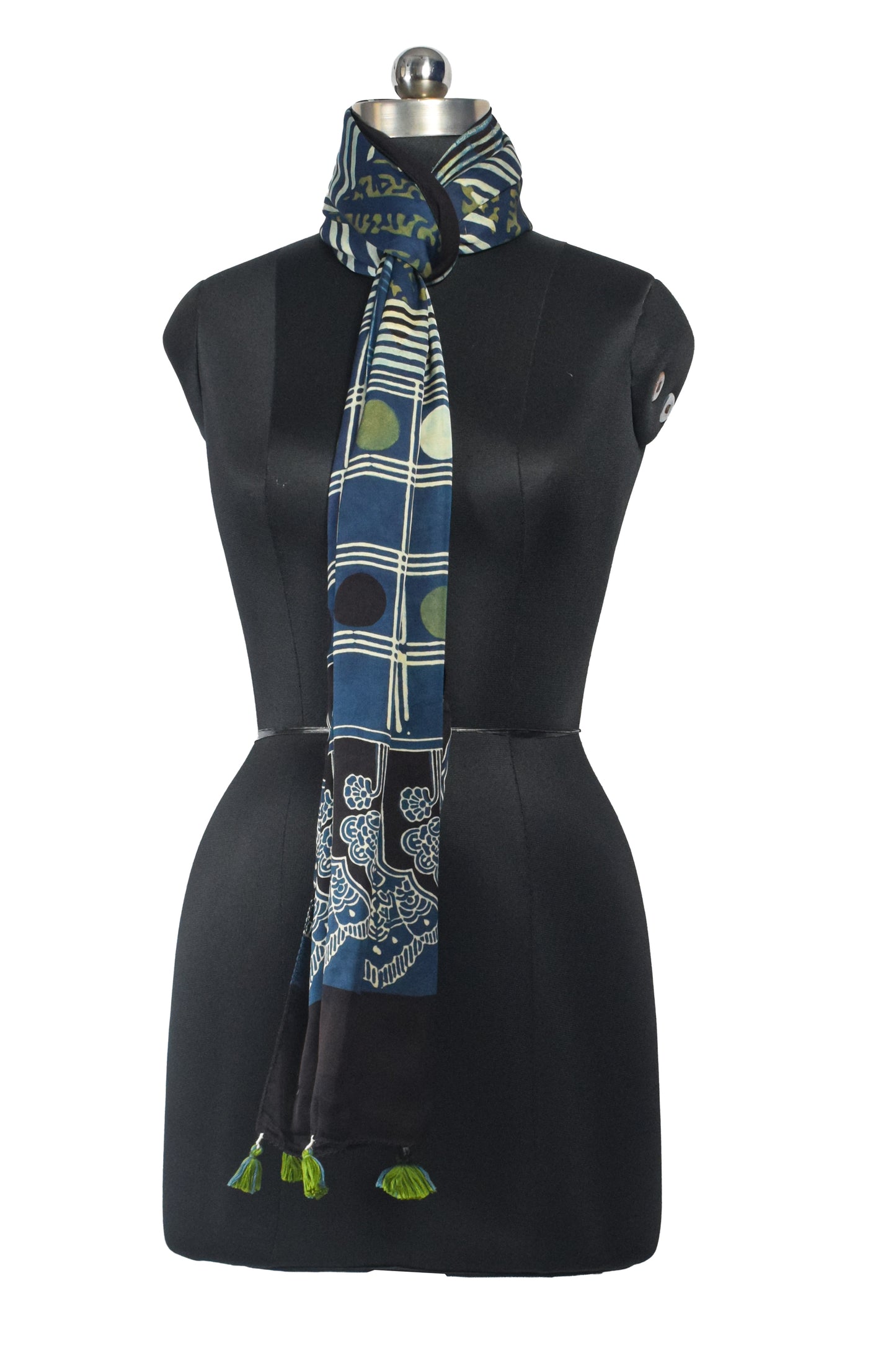 Ajrakh Modal Silk Natural Dye Hand Block Print Stole With Tassels - 2 Mtr Length    -  SKU : AI26901T