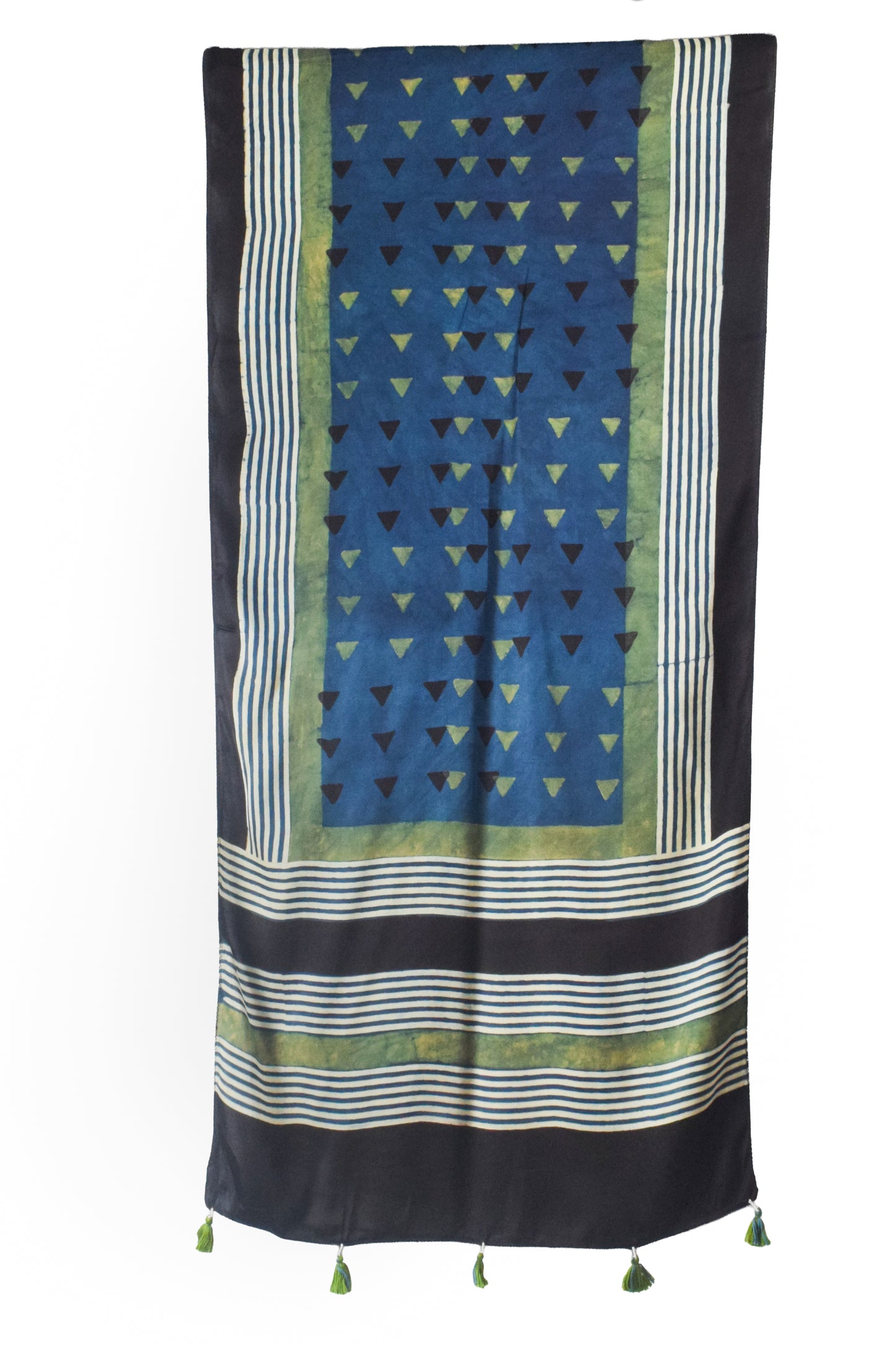 Ajrakh Modal Silk Natural Dye Hand Block Print Stole With Tassels - 2 Mtr Length    -  SKU : AI2690AK