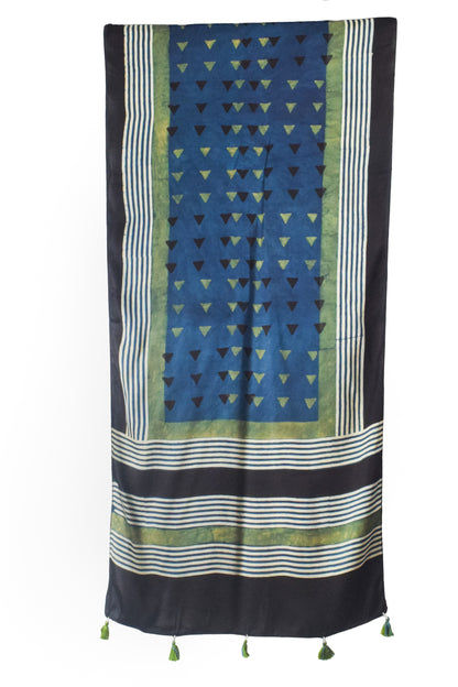 Ajrakh Modal Silk Natural Dye Hand Block Print Stole With Tassels - 2 Mtr Length    -  SKU : AI2690AK