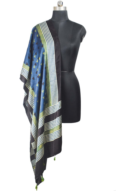 Ajrakh Modal Silk Natural Dye Hand Block Print Stole With Tassels - 2 Mtr Length    -  SKU : AI2690AK