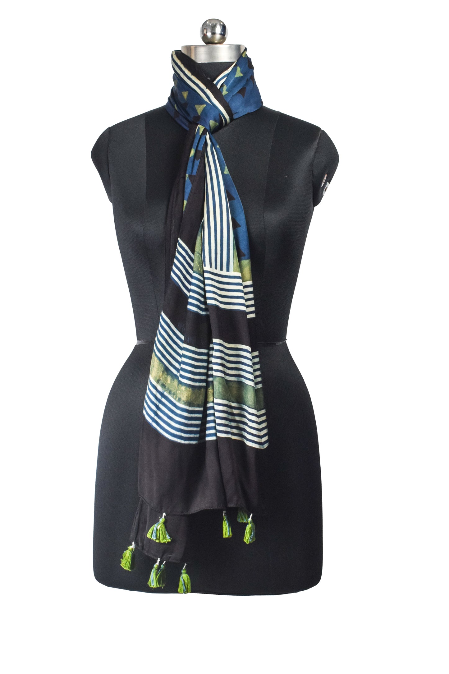 Ajrakh Modal Silk Natural Dye Hand Block Print Stole With Tassels - 2 Mtr Length    -  SKU : AI2690AK
