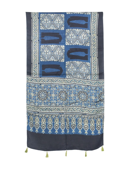 Ajrakh Modal Silk Natural Dye Hand Block Print Stole With Tassels - 2 Mtr Length   -  SKU : AI27803Y