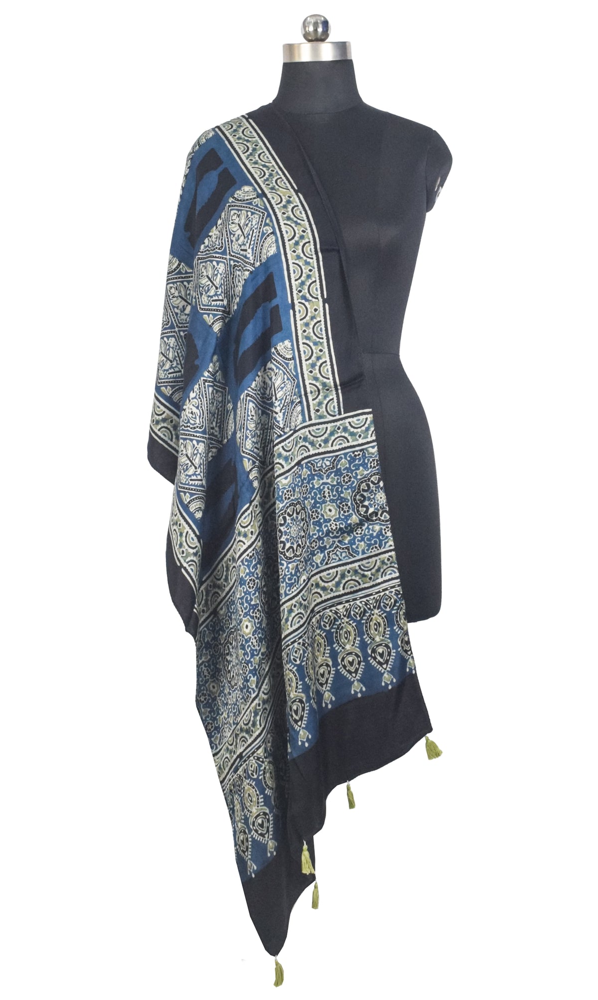 Ajrakh Modal Silk Natural Dye Hand Block Print Stole With Tassels - 2 Mtr Length   -  SKU : AI27803Y