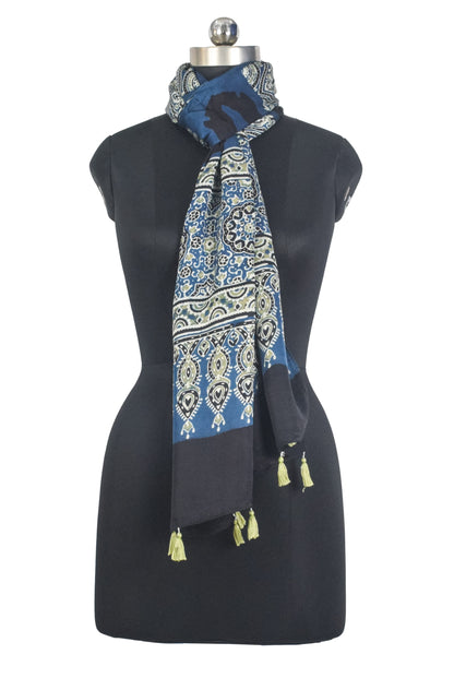 Ajrakh Modal Silk Natural Dye Hand Block Print Stole With Tassels - 2 Mtr Length   -  SKU : AI27803Y