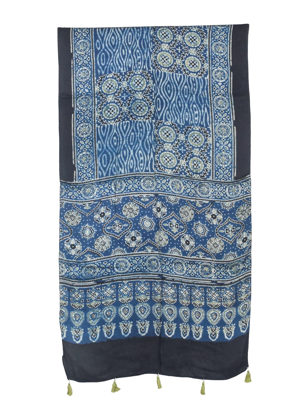 Ajrakh Modal Silk Natural Dye Hand Block Print Stole With Tassels - 2 Mtr Length   -  SKU : AI27803Z
