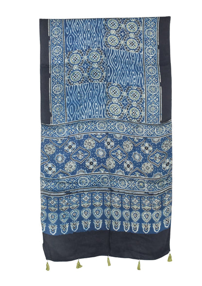 Ajrakh Modal Silk Natural Dye Hand Block Print Stole With Tassels - 2 Mtr Length   -  SKU : AI27803Z