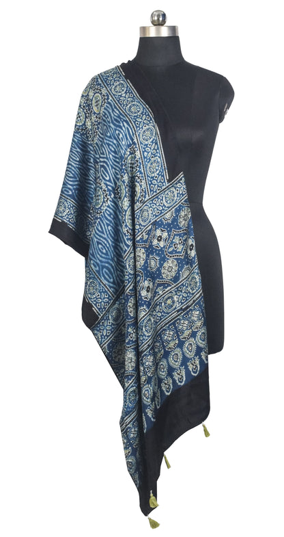 Ajrakh Modal Silk Natural Dye Hand Block Print Stole With Tassels - 2 Mtr Length   -  SKU : AI27803Z