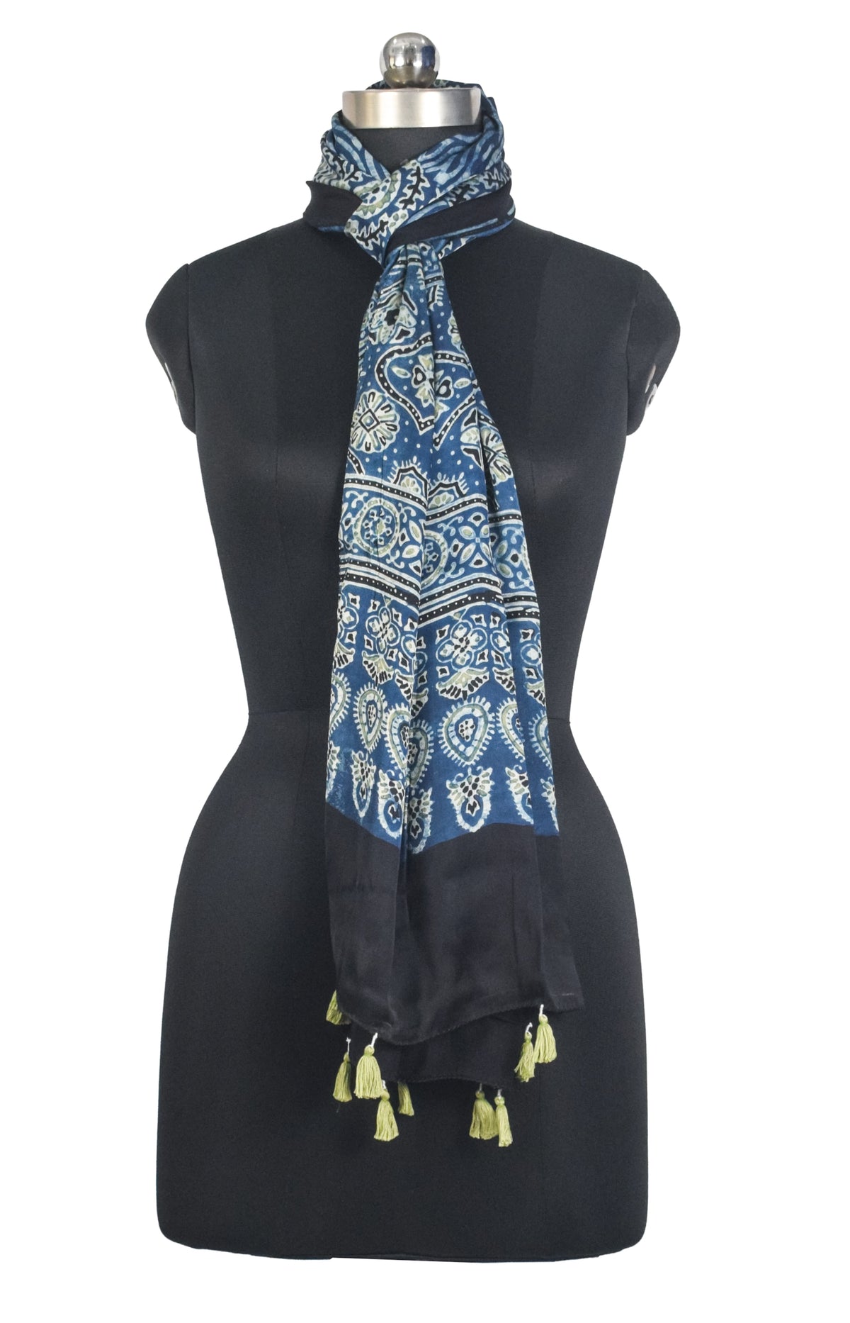 Ajrakh Modal Silk Natural Dye Hand Block Print Stole With Tassels - 2 Mtr Length   -  SKU : AI27803Z