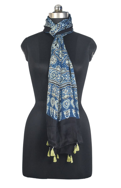 Ajrakh Modal Silk Natural Dye Hand Block Print Stole With Tassels - 2 Mtr Length   -  SKU : AI27803Z