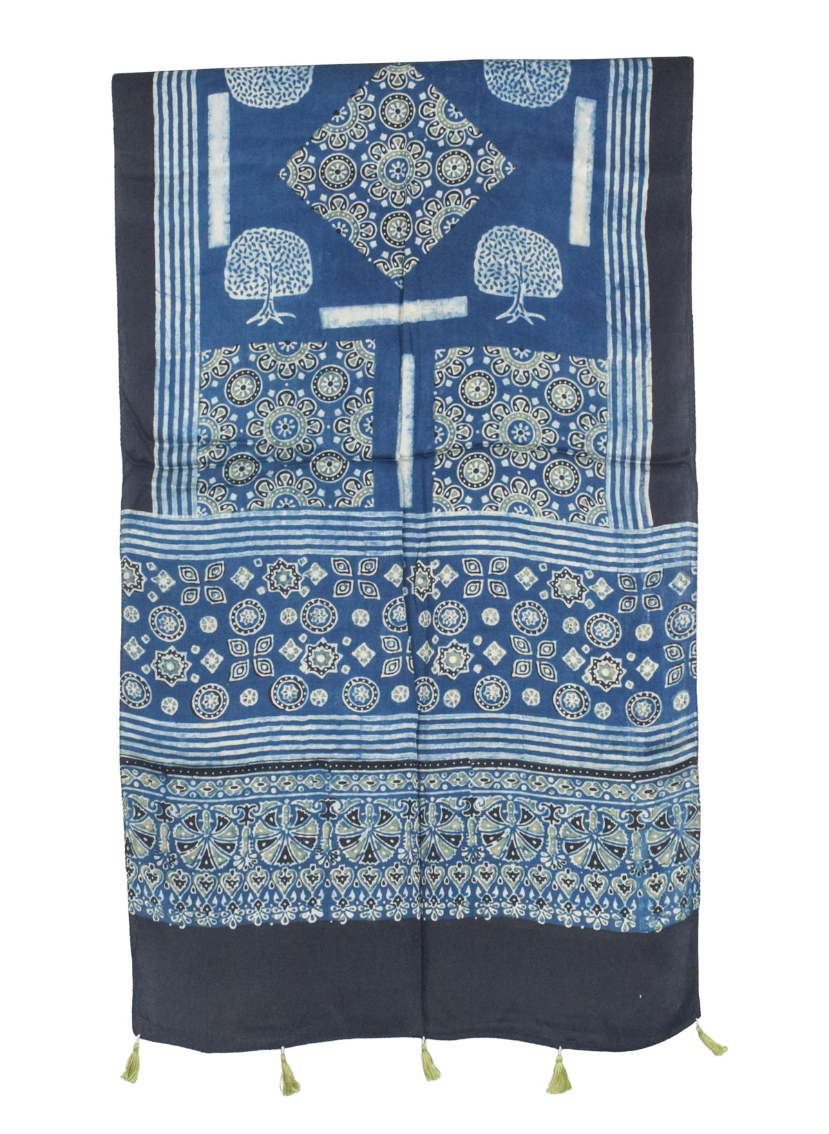 Ajrakh Modal Silk Natural Dye Hand Block Print Stole With Tassels - 2 Mtr Length   -  SKU : AI2783AA