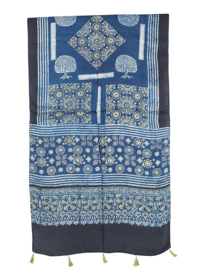 Ajrakh Modal Silk Natural Dye Hand Block Print Stole With Tassels - 2 Mtr Length   -  SKU : AI2783AA