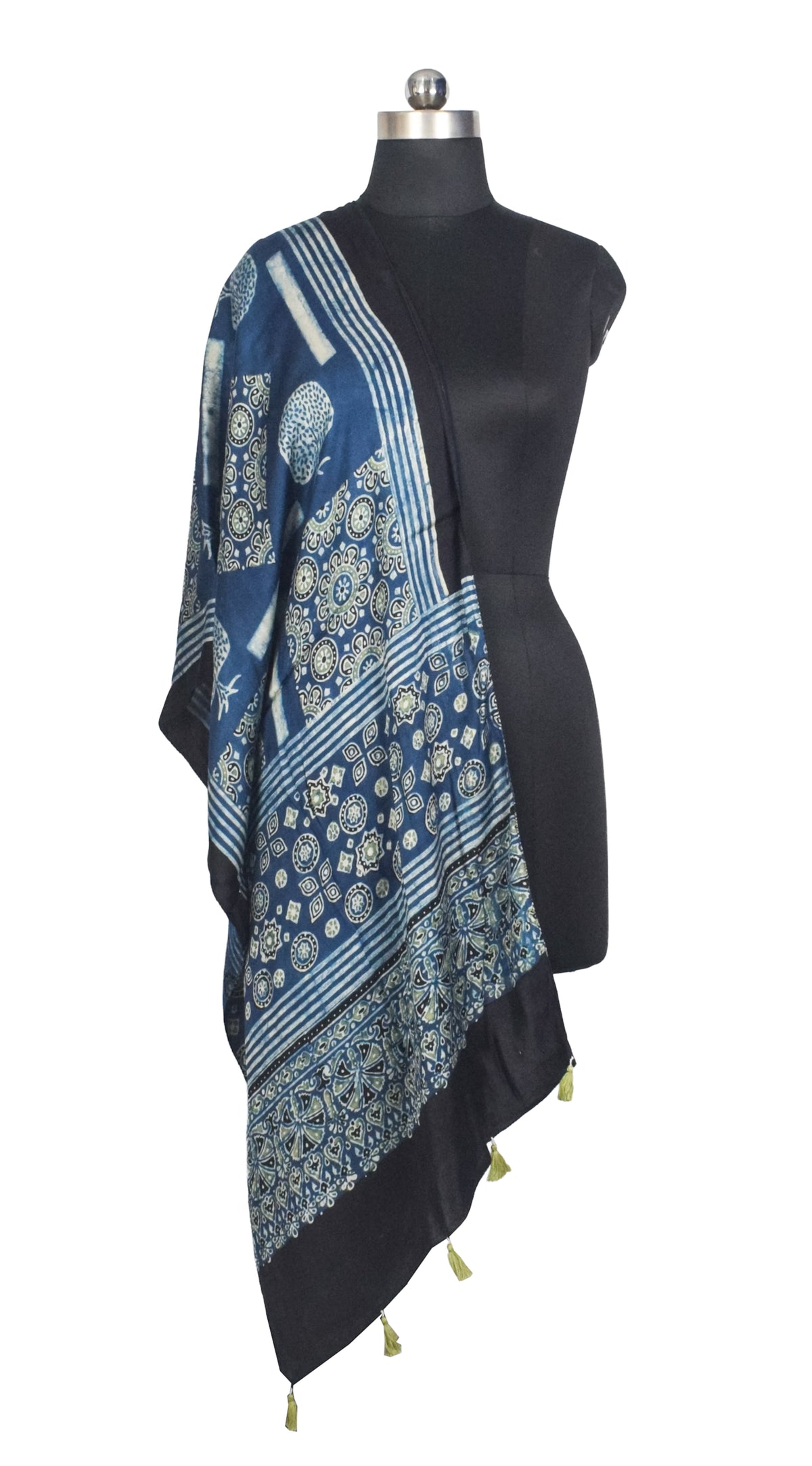 Ajrakh Modal Silk Natural Dye Hand Block Print Stole With Tassels - 2 Mtr Length   -  SKU : AI2783AA
