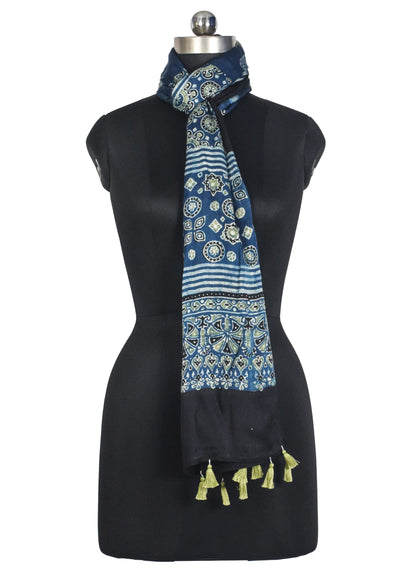 Ajrakh Modal Silk Natural Dye Hand Block Print Stole With Tassels - 2 Mtr Length   -  SKU : AI2783AA