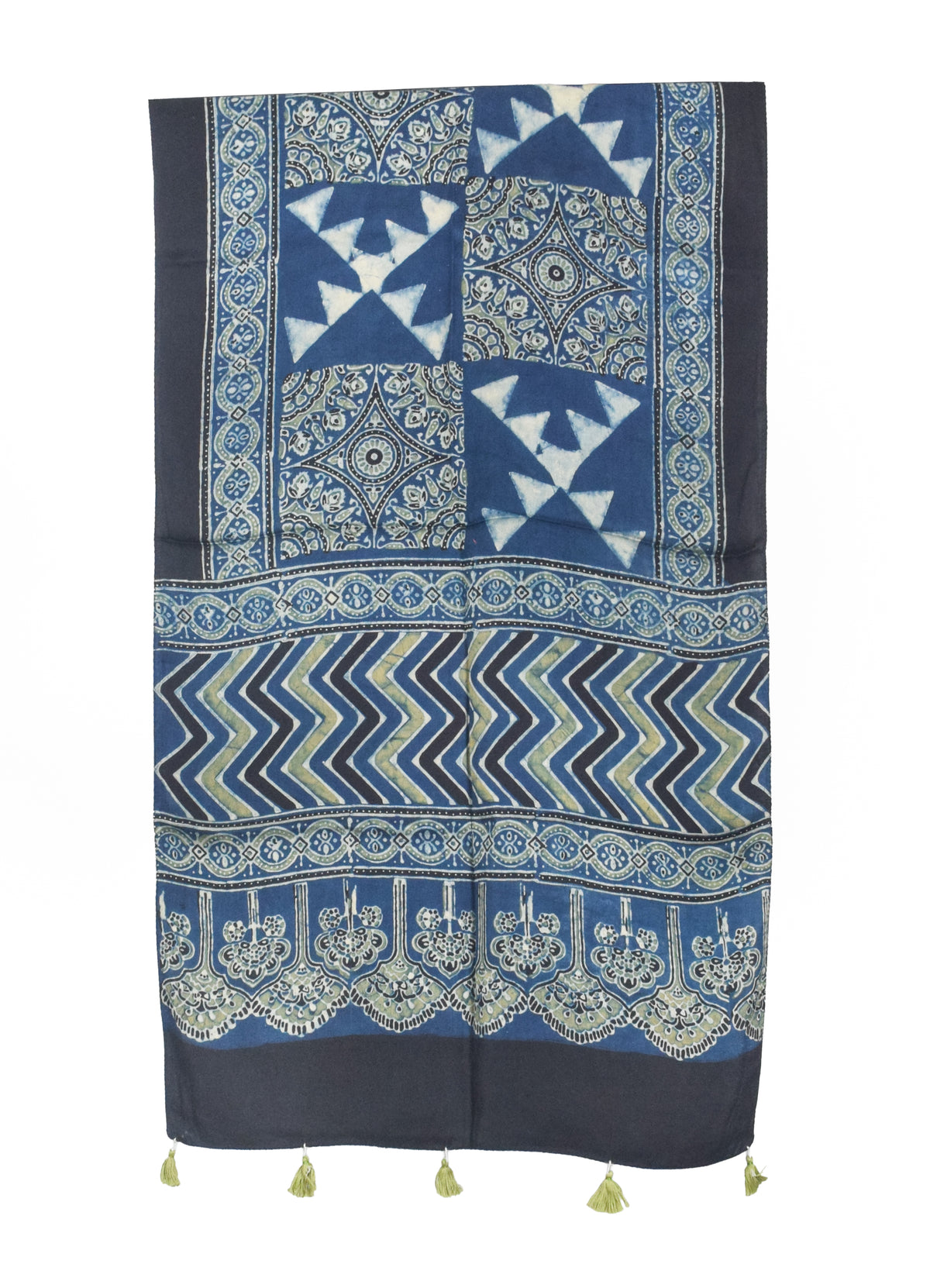 Ajrakh Modal Silk Natural Dye Hand Block Print Stole With Tassels - 2 Mtr Length   -  SKU : AI2783AB