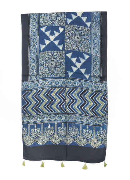 Ajrakh Modal Silk Natural Dye Hand Block Print Stole With Tassels - 2 Mtr Length   -  SKU : AI2783AB