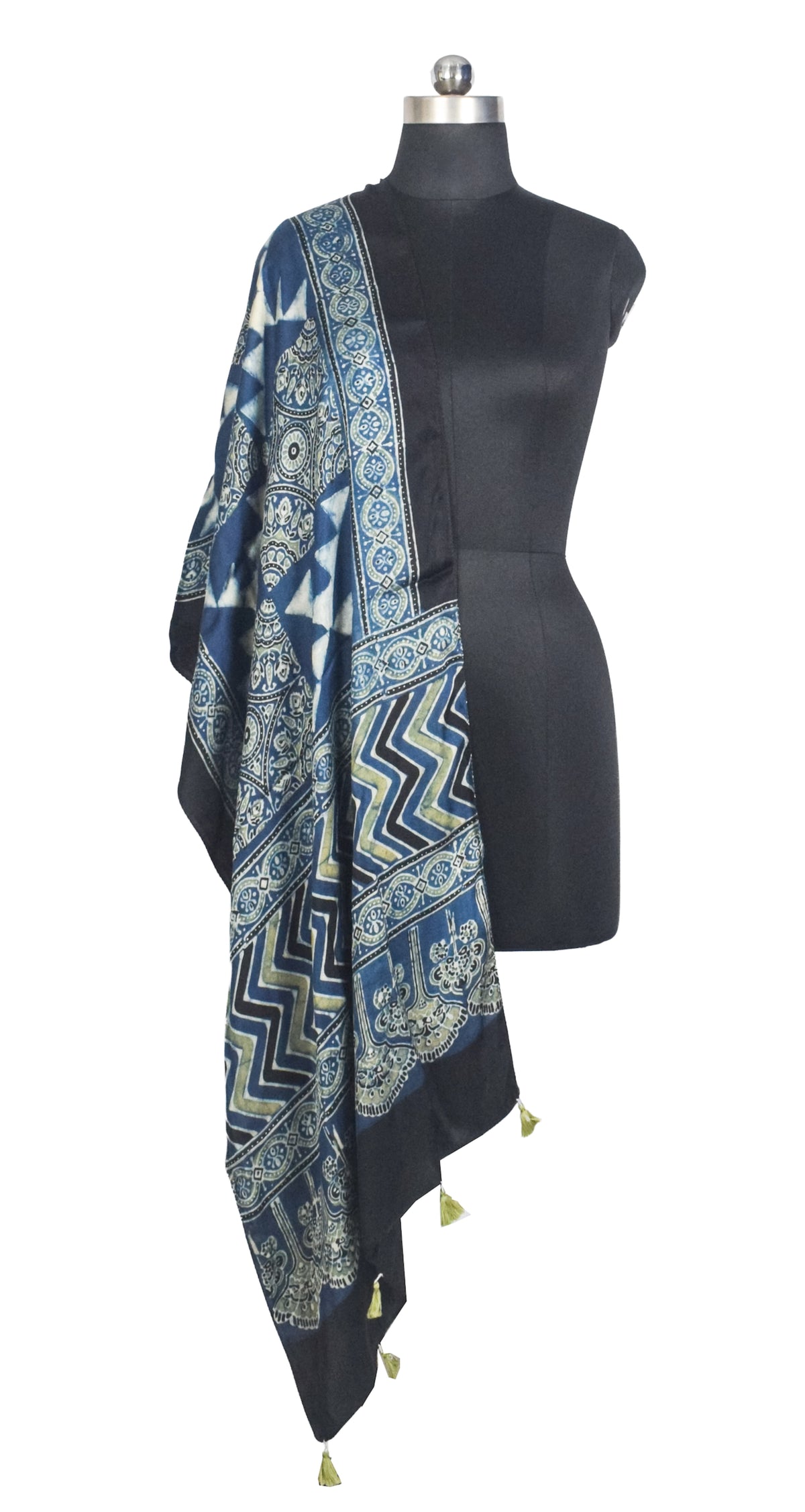 Ajrakh Modal Silk Natural Dye Hand Block Print Stole With Tassels - 2 Mtr Length   -  SKU : AI2783AB