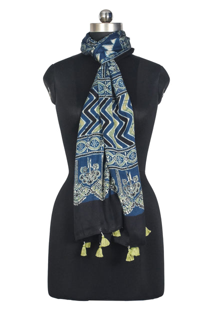Ajrakh Modal Silk Natural Dye Hand Block Print Stole With Tassels - 2 Mtr Length   -  SKU : AI2783AB