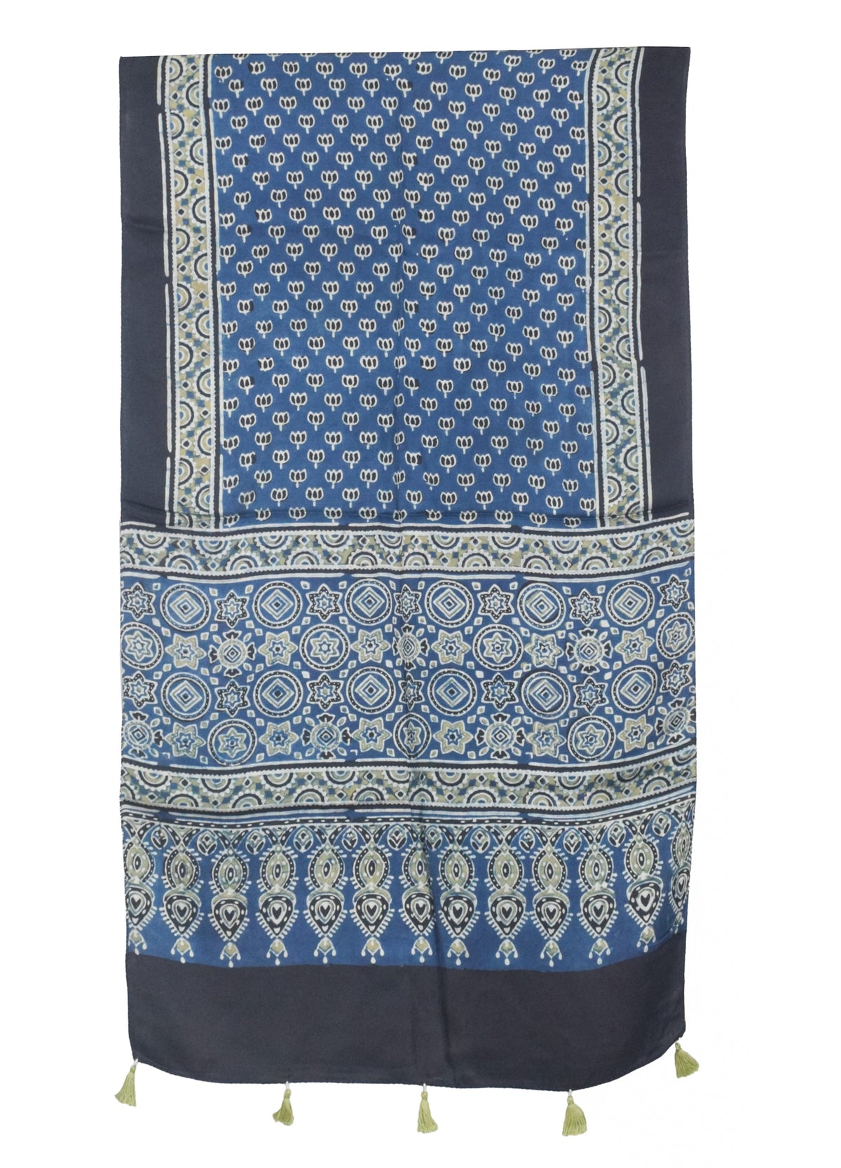 Ajrakh Modal Silk Natural Dye Hand Block Print Stole With Tassels - 2 Mtr Length   -  SKU : AI2783AC