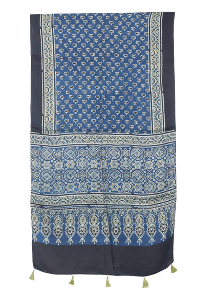Ajrakh Modal Silk Natural Dye Hand Block Print Stole With Tassels - 2 Mtr Length   -  SKU : AI2783AC