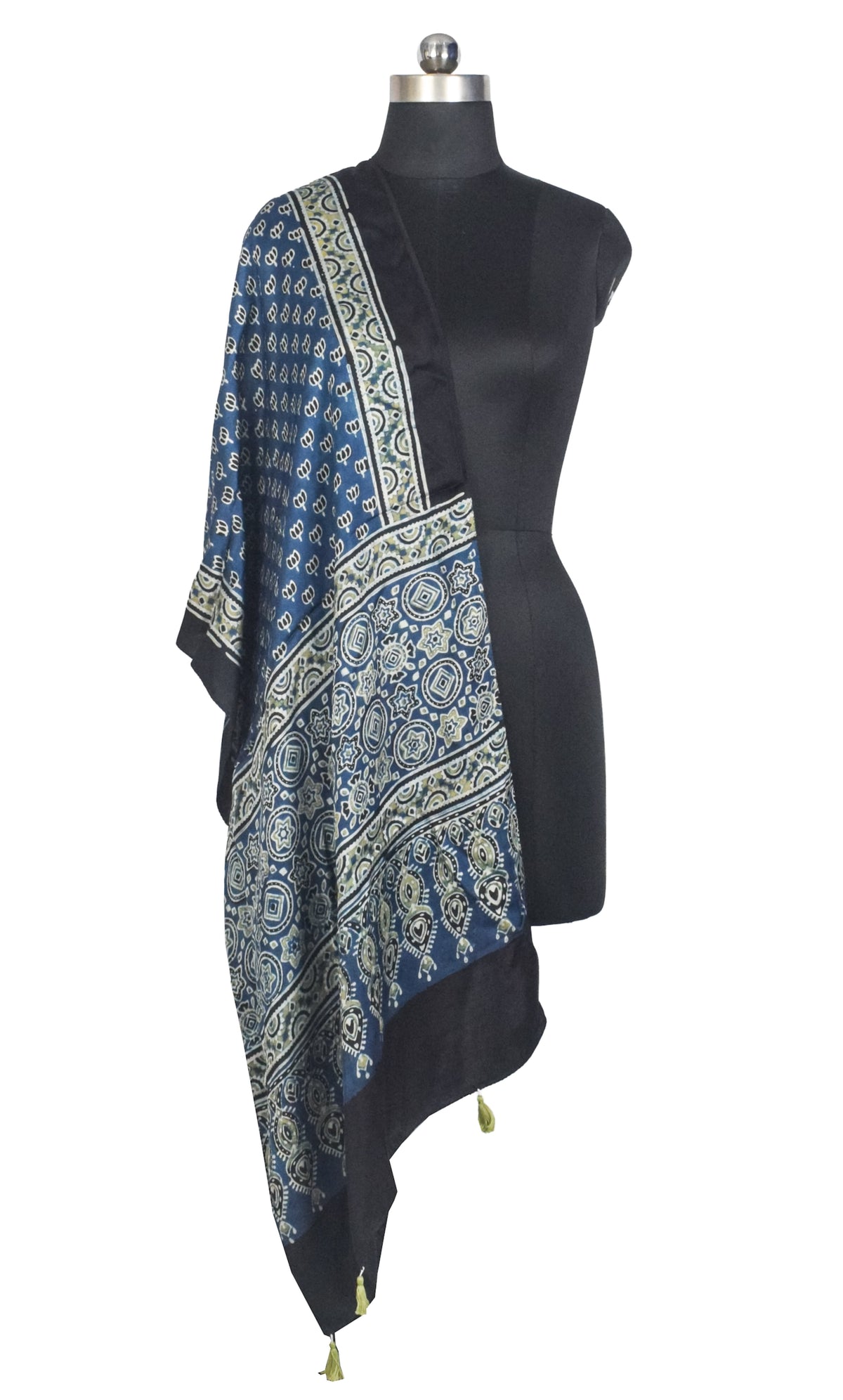 Ajrakh Modal Silk Natural Dye Hand Block Print Stole With Tassels - 2 Mtr Length   -  SKU : AI2783AC