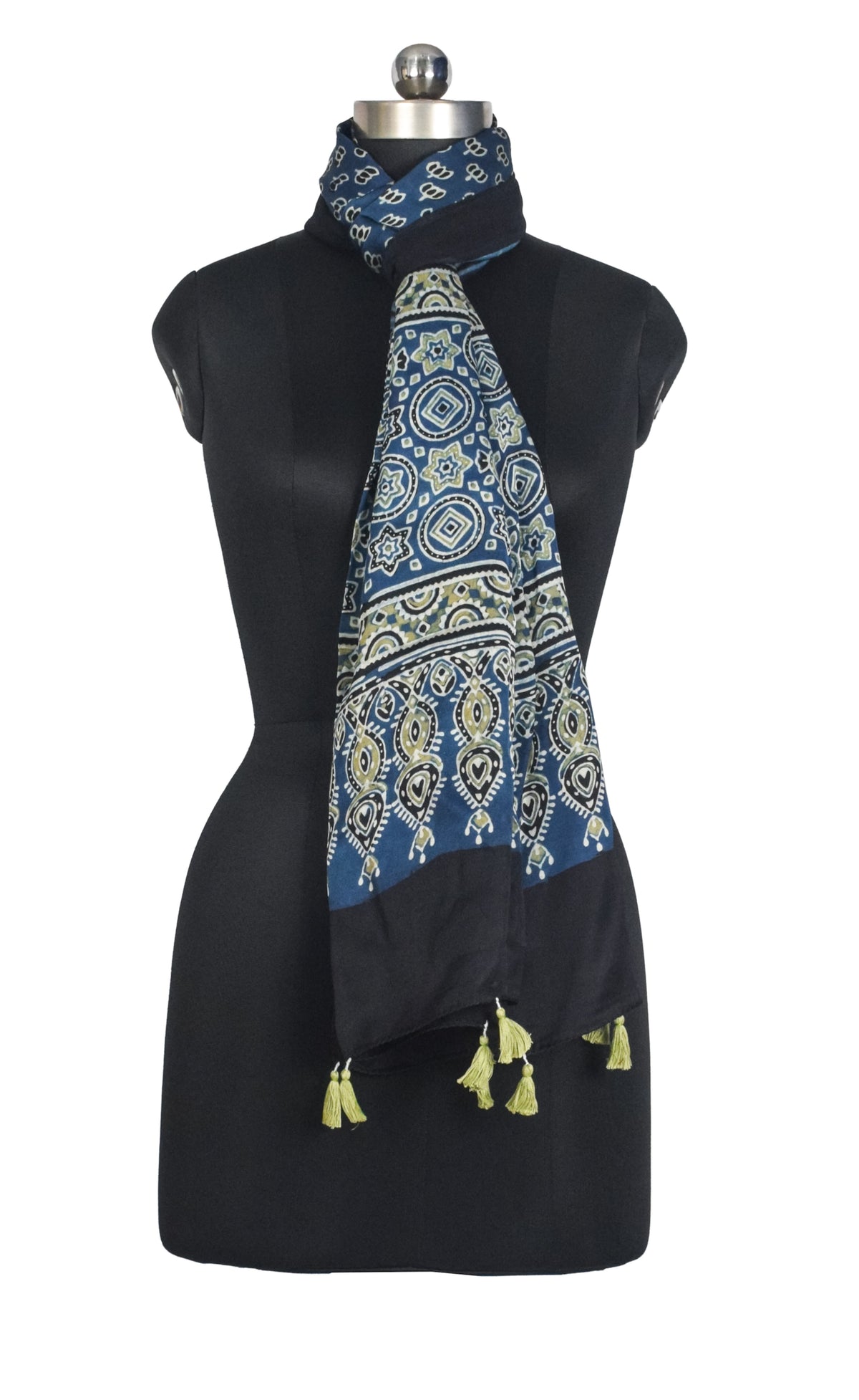 Ajrakh Modal Silk Natural Dye Hand Block Print Stole With Tassels - 2 Mtr Length   -  SKU : AI2783AC